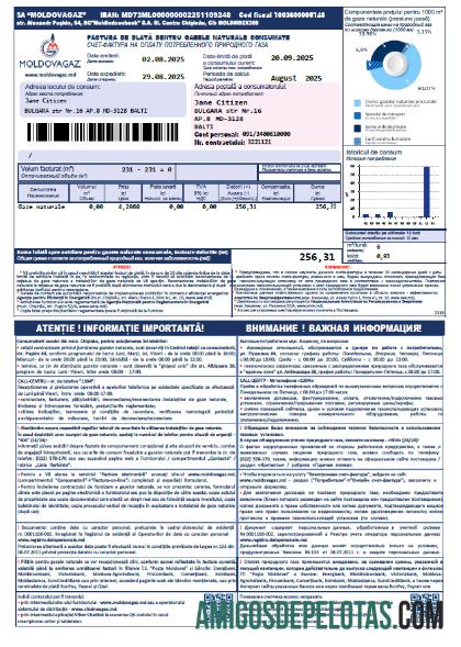 Em branco Moldávia Moldovagaz Modelo de fatura de serviços públicos em formatos Word e PDF